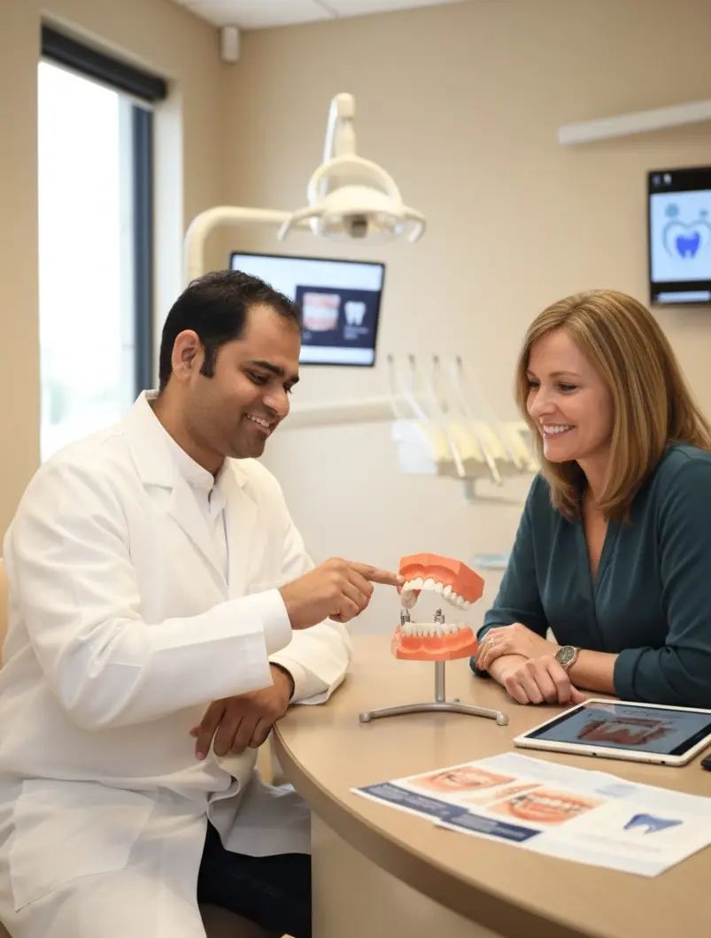 Dr. Modani in a dental implant consultation with a patient in Glenolden, PA